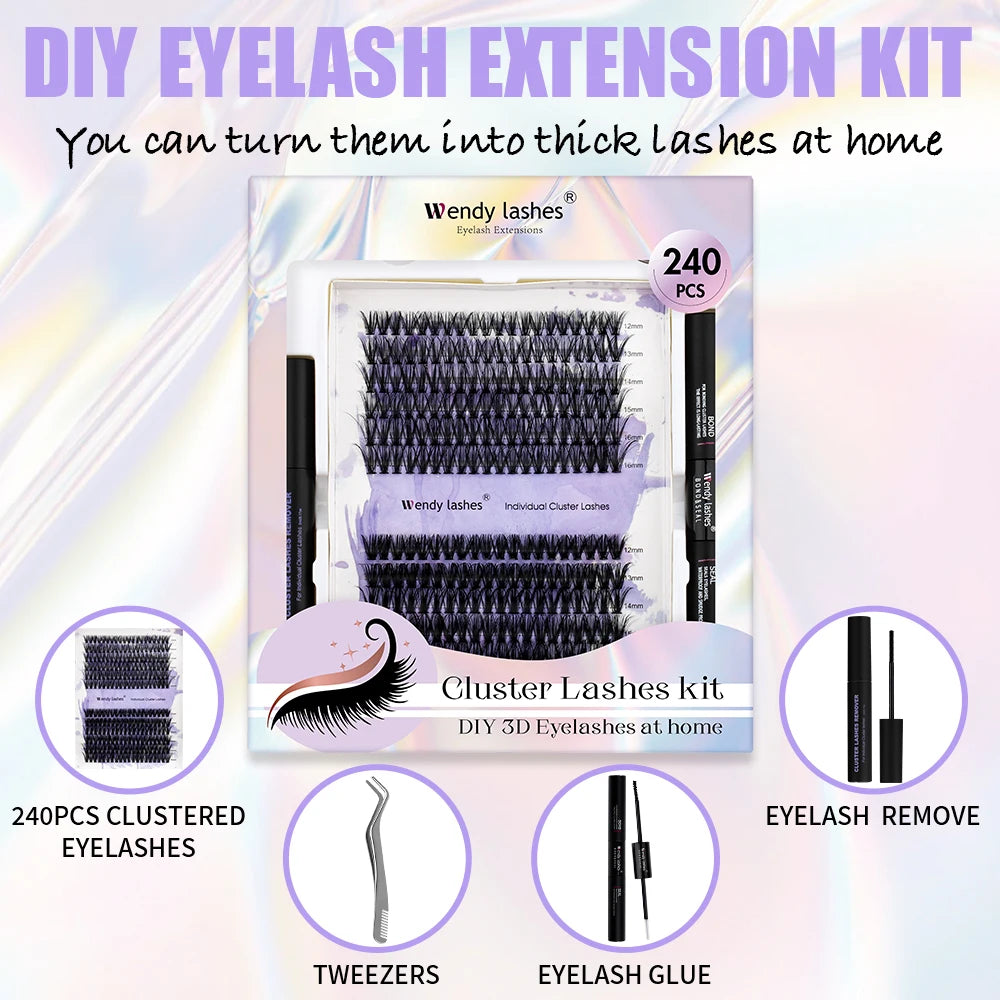 Wendy DIY Wimpernverlängerungs-Kit mit 240 dicken Wimpern Clustern, Kleber, Entferner und Pinzette