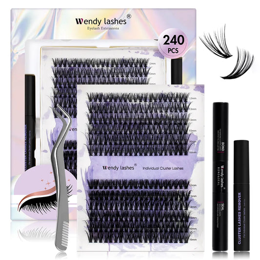 Wendy DIY Wimpernverlängerungs-Kit mit 240 dicken Wimpern Clustern, Kleber, Entferner und Pinzette