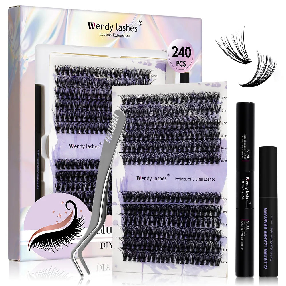 Wendy DIY Wimpernverlängerungs-Kit mit 240 dicken Wimpern Clustern, Kleber, Entferner und Pinzette